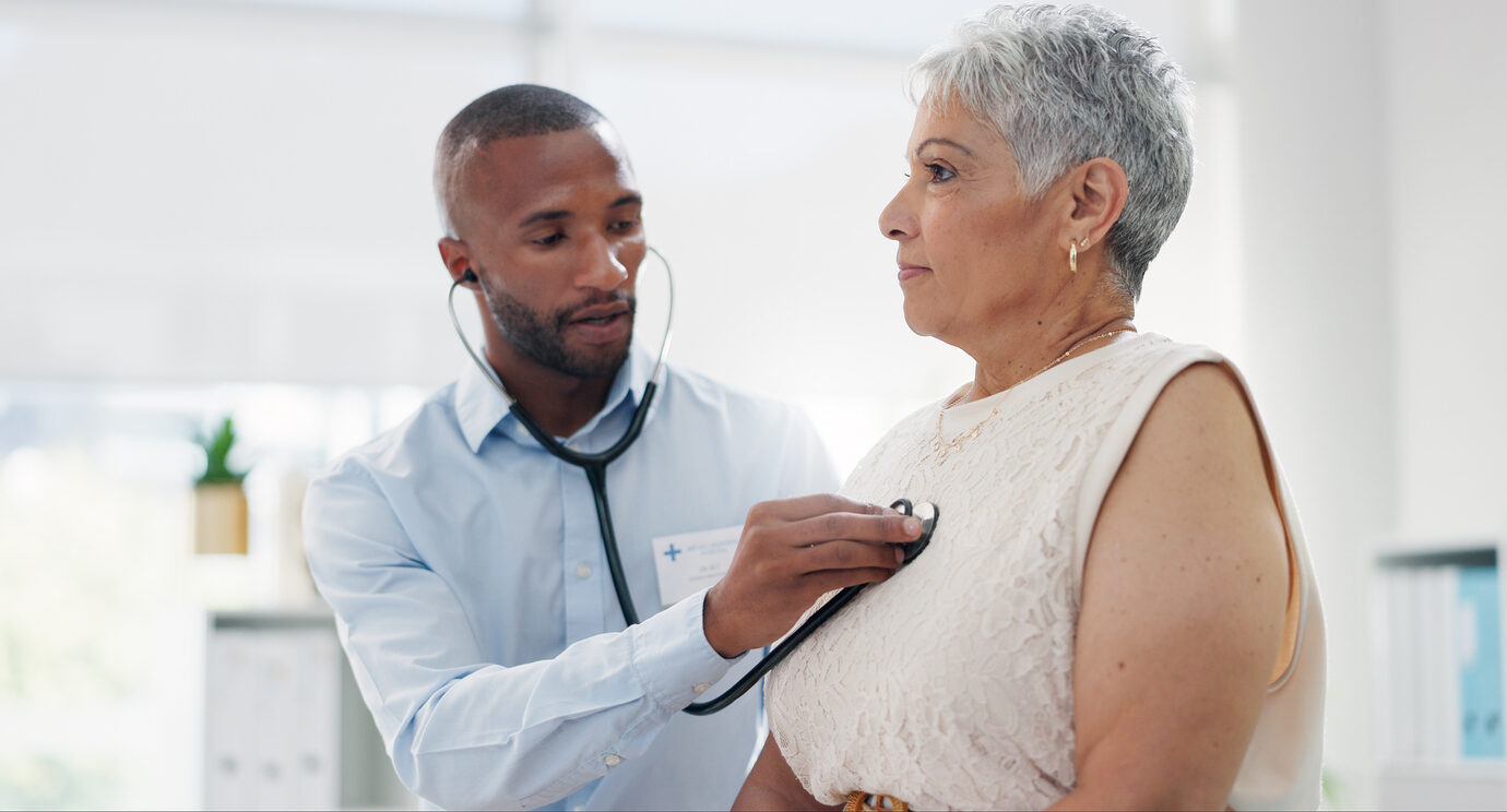 Stethoscope, examination and doctor with senior woman at hospital for lungs
