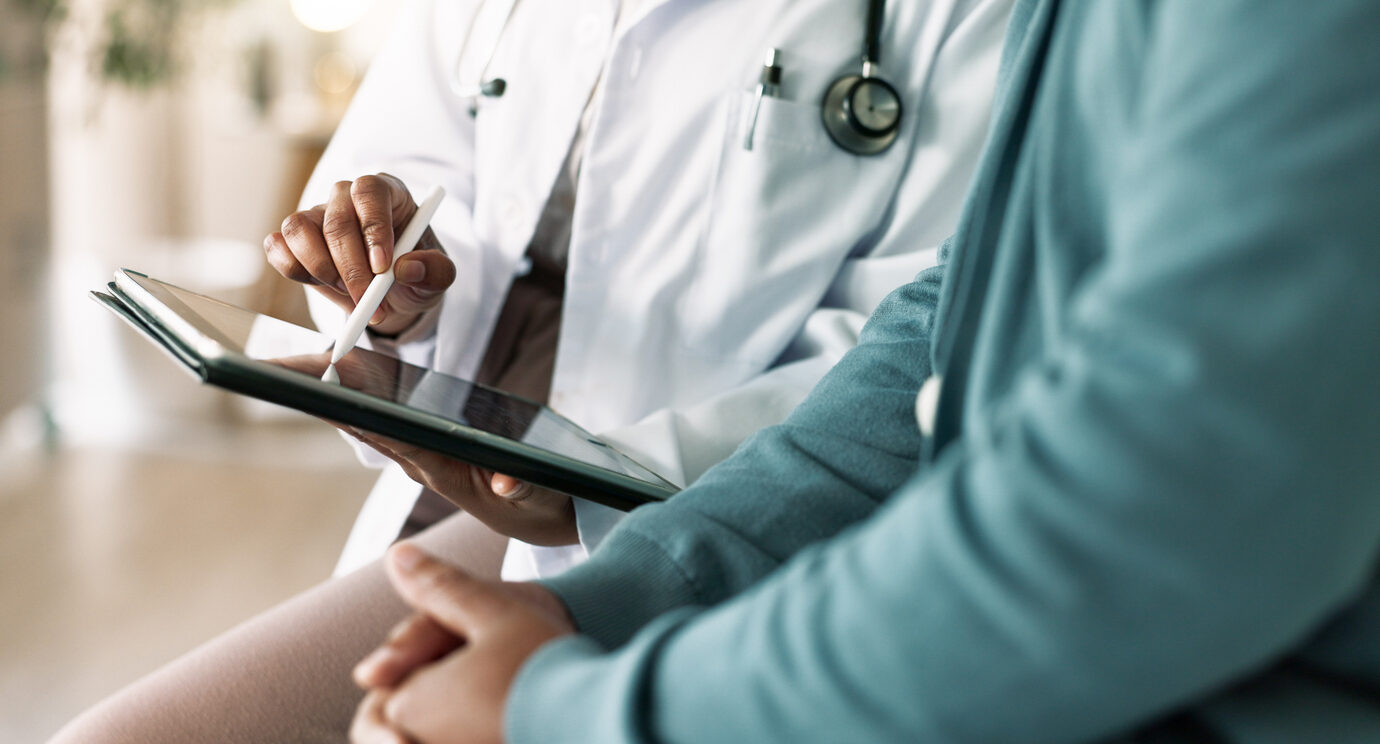 Doctor, hands and tablet with patient for consultation