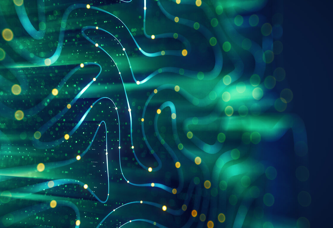 Abstract digital background featuring flowing blue and green lines