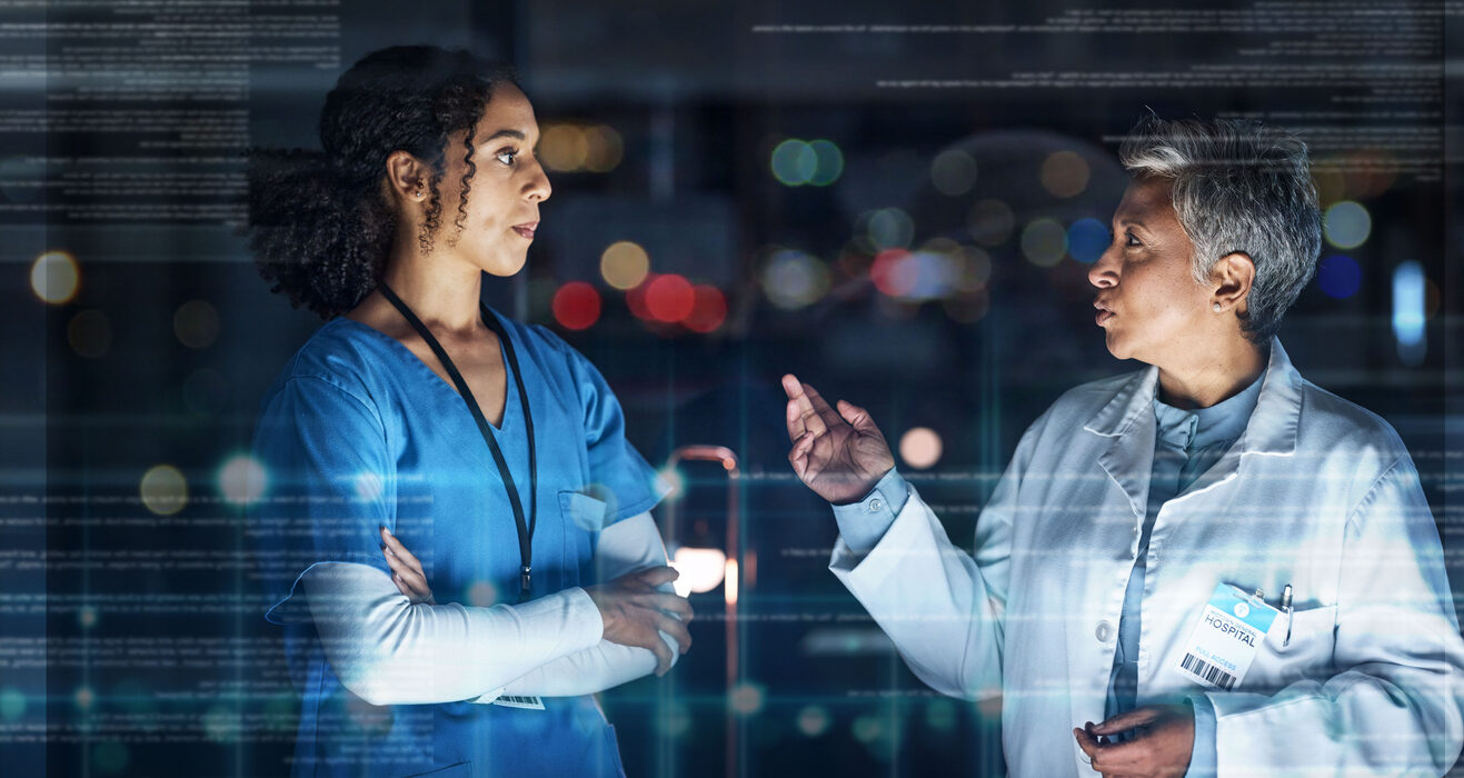 Doctors, talking or futuristic teamwork